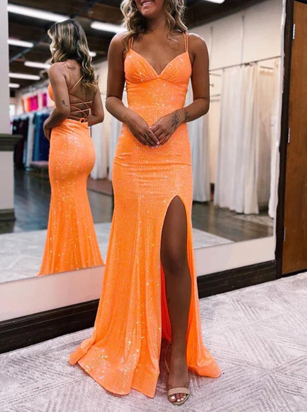 Sparkly Orange Sequins Mermaid Long Prom Dress