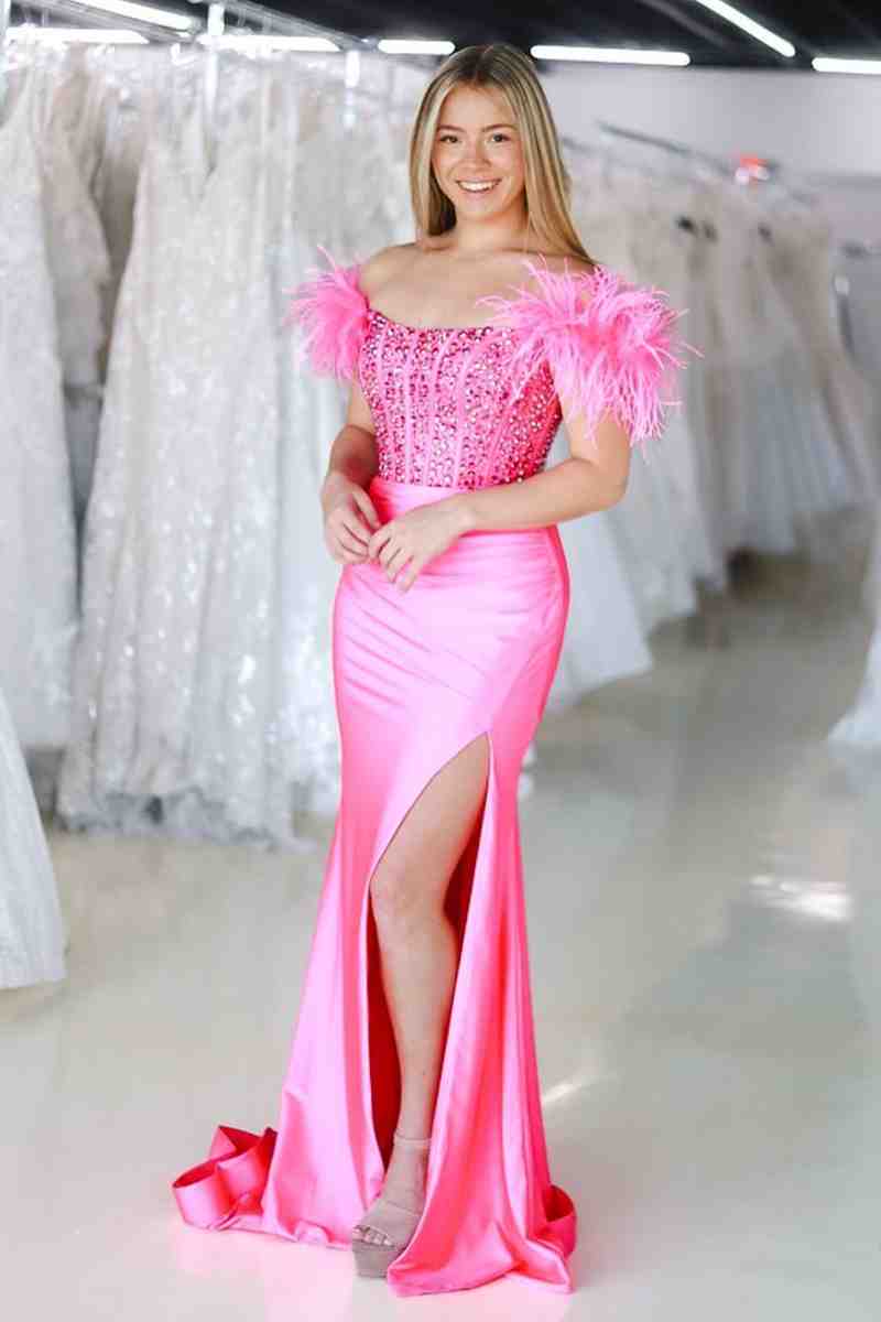 New Mermaid Satin Off The Shoulder Beaded Side Slit Long Prom Dresses With Feather