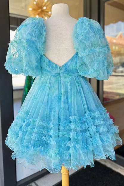 Blue Floral Print Short Baby Doll Homecoming Dress with Balloon Sleeves   fg3590