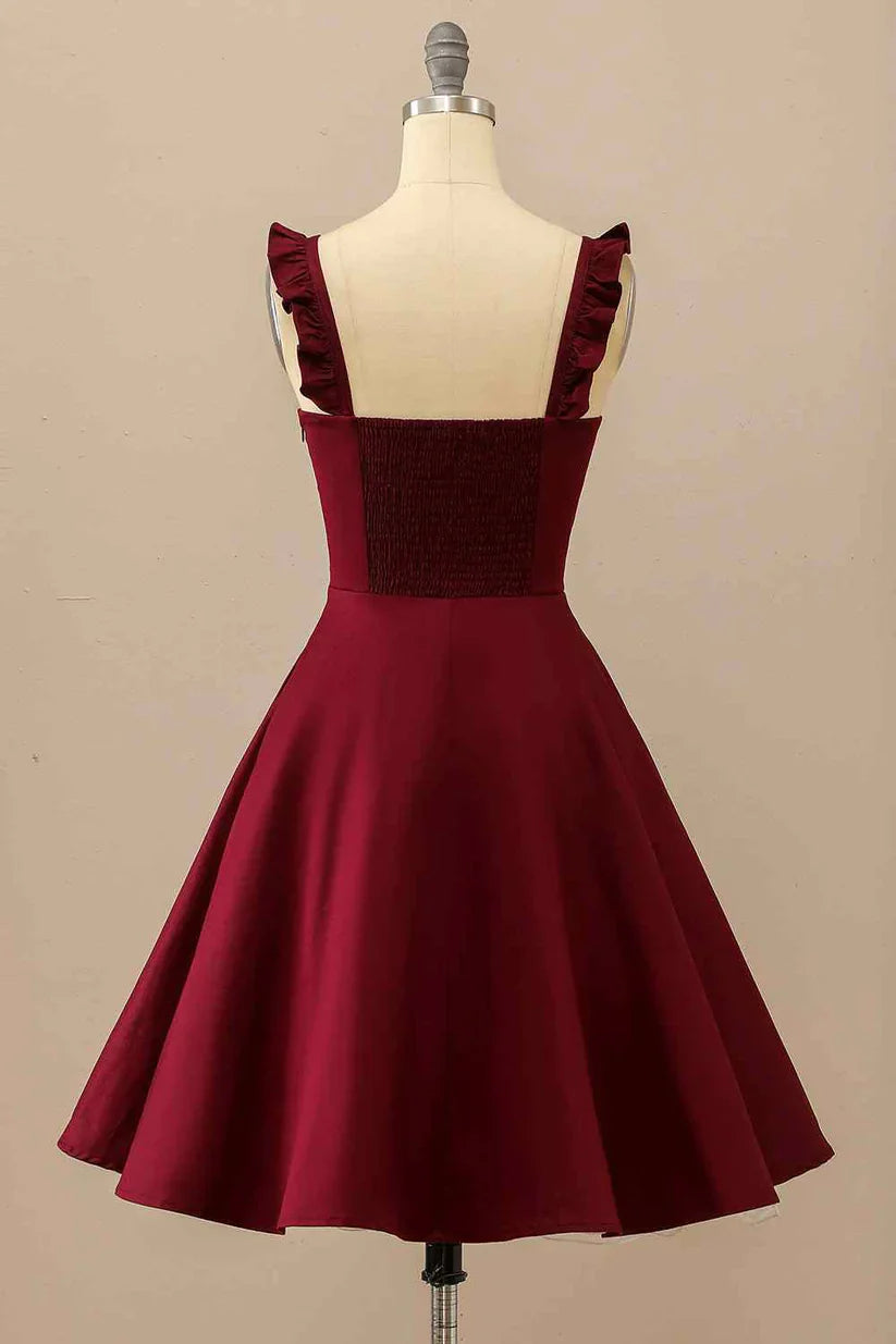 Burgundy A-line Ruffle Straps Satin Mini Homecoming Dress       fg3452