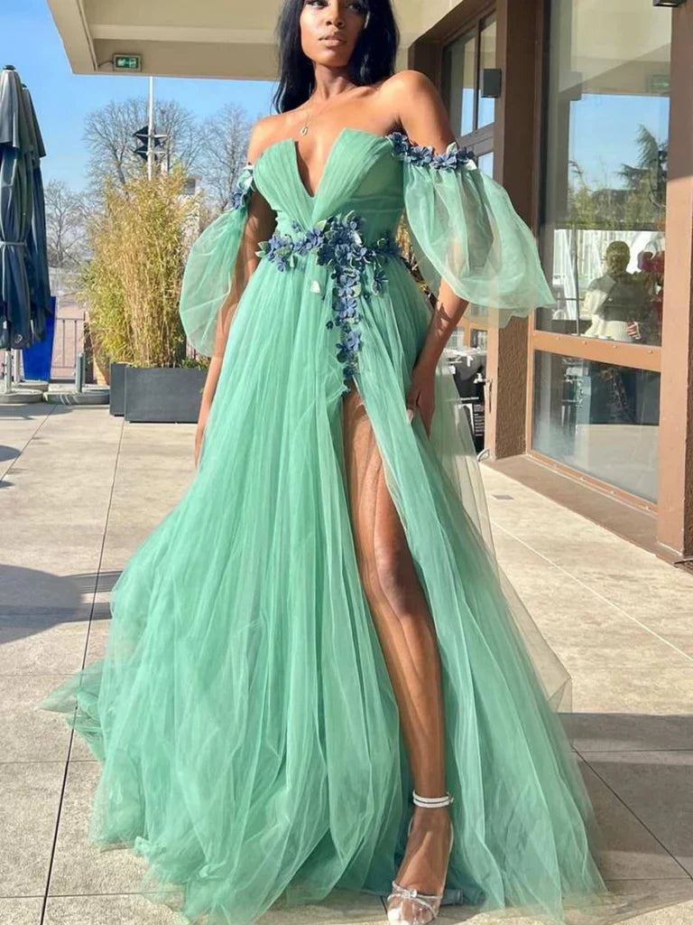 LTP1744,Off Shoulder V Neck Green Tulle Floral Long Prom Dresses with High Slit, Long Green Formal Graduation Evening Dresses