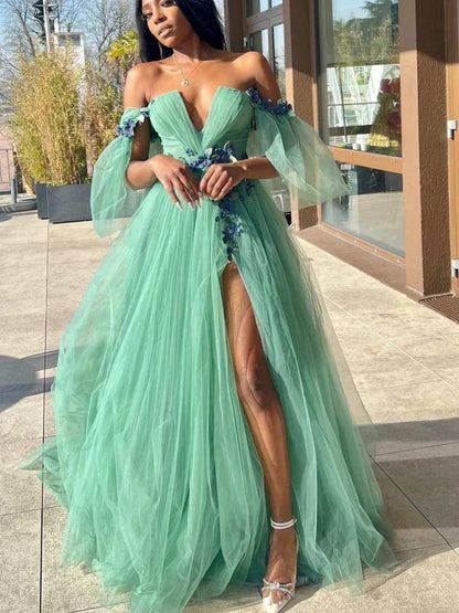 LTP1744,Off Shoulder V Neck Green Tulle Floral Long Prom Dresses with High Slit, Long Green Formal Graduation Evening Dresses