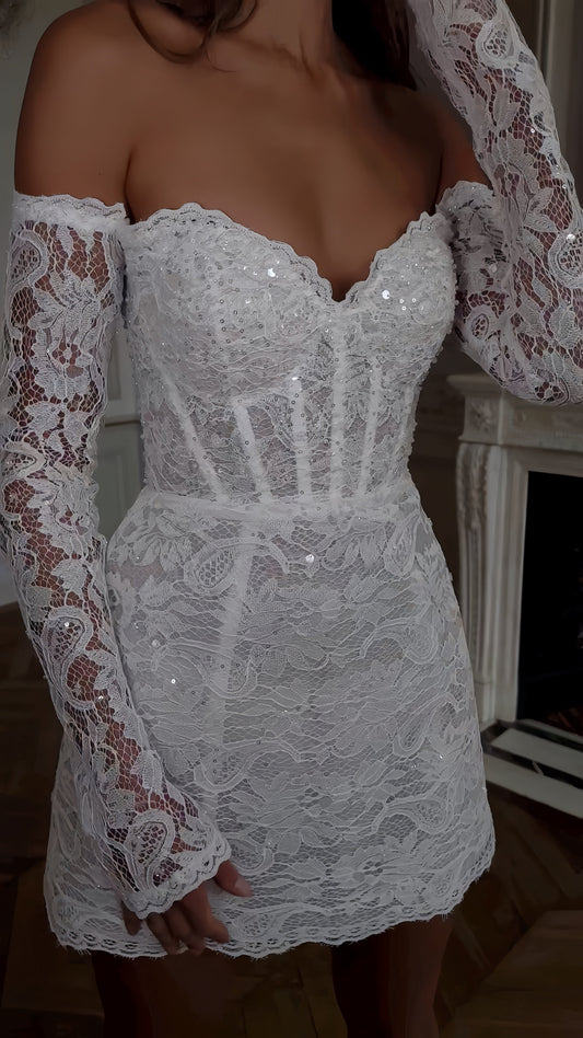 Off The Shoulder Wedding Dresses, Lace White Mini Party Dress, LTP3425