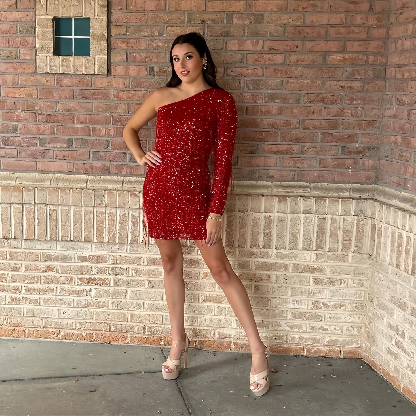 One Sleeves Red Sequin Tassel Homecoming Dress Short Party Dress, LTP3348