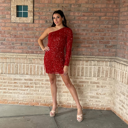 One Sleeves Red Sequin Tassel Homecoming Dress Short Party Dress, LTP3348