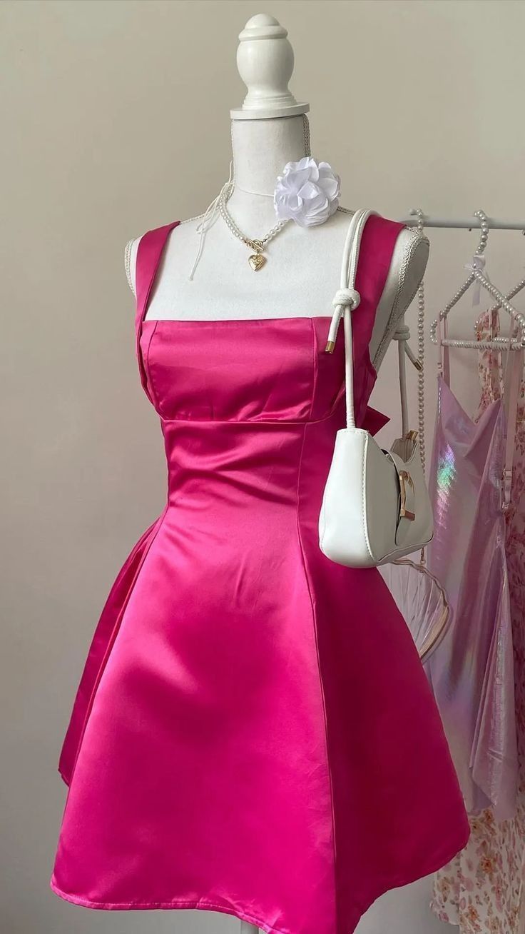 Chic A line Square Neckline Hot Pink Satin Short Party Dresses Homecoming Dresses BD2489