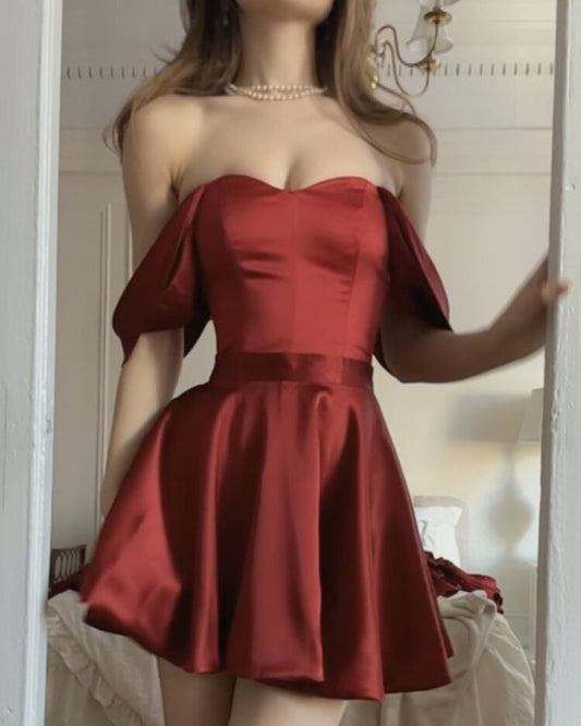 Chic A line Off The Shoulder Burgundy Satin Short Party Dresses Homecoming Dresses BD2490