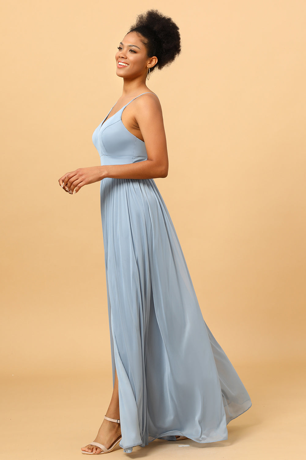 Dusty Blue A-Line Long Chiffon Bridesmaid Dress with Slit