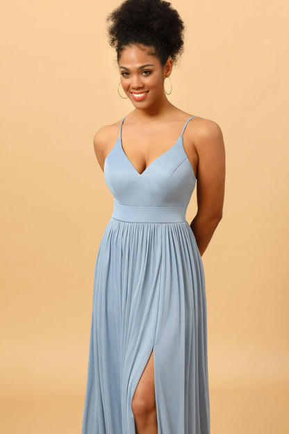 Dusty Blue A-Line Long Chiffon Bridesmaid Dress with Slit