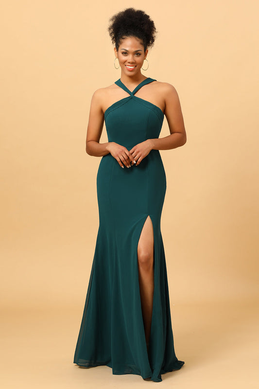 Green Mermaid Chiffon Bridesmaid Dress with Slit