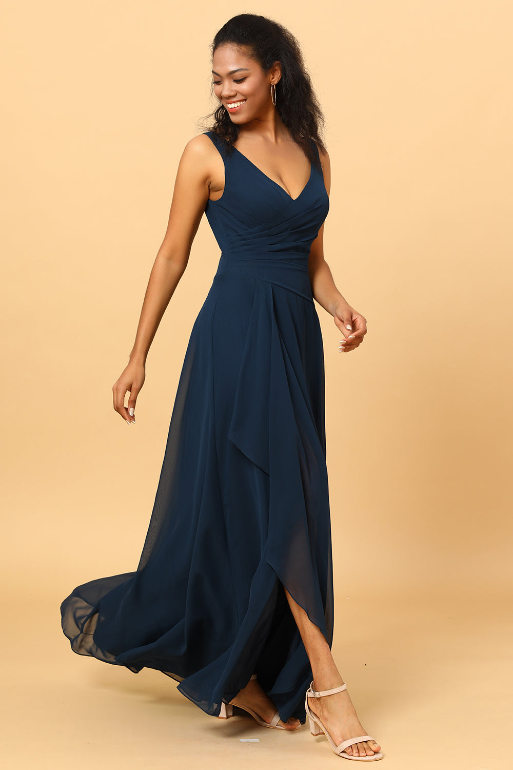 Navy V-Neck Chiffon Bridesmaid Dress with Ruffles