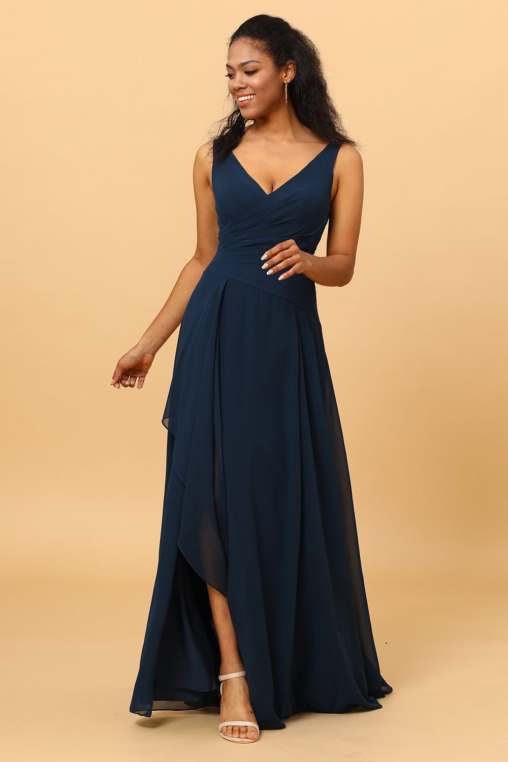 Navy V-Neck Chiffon Bridesmaid Dress with Ruffles