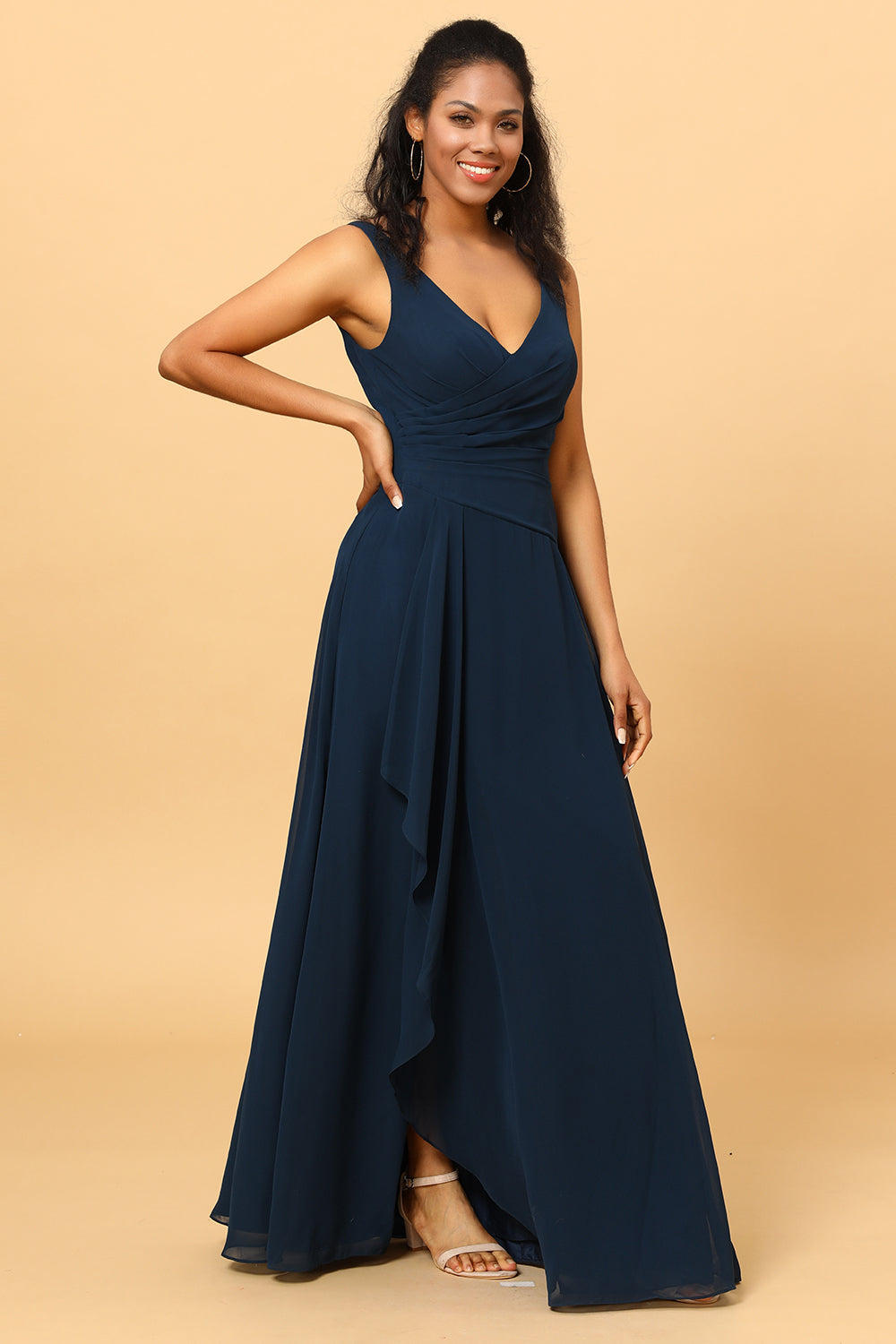 Navy V-Neck Chiffon Bridesmaid Dress with Ruffles