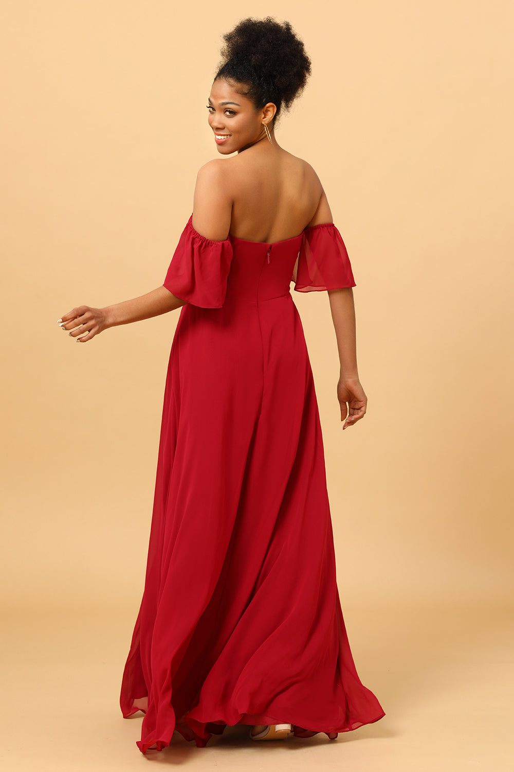 Burgundy Off the Shoulder Chiffon Bridesmaid Dress with Slit