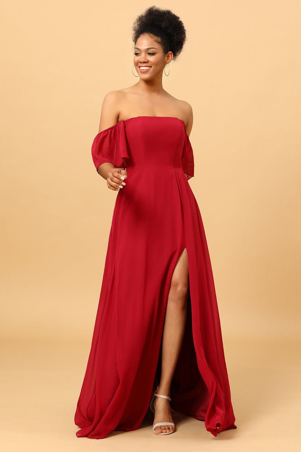 Burgundy Off the Shoulder Chiffon Bridesmaid Dress with Slit