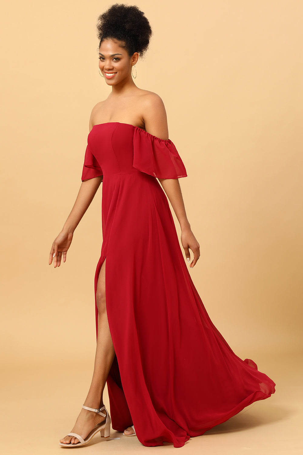 Burgundy Off the Shoulder Chiffon Bridesmaid Dress with Slit