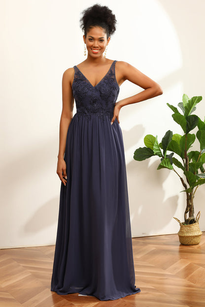 Navy V-Neck Long Chiffon Bridesmaid Dress with Open Back