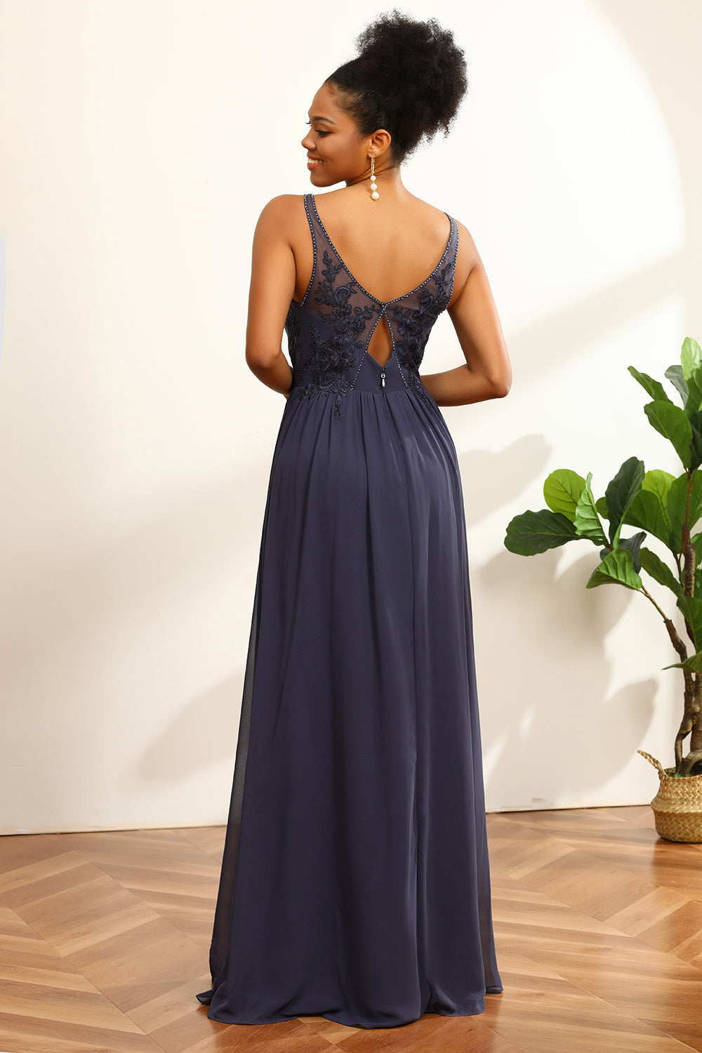 Navy V-Neck Long Chiffon Bridesmaid Dress with Open Back