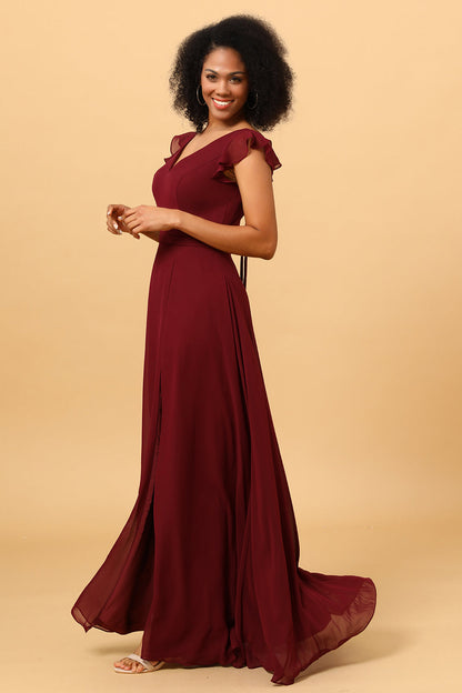 Chiffon Burgundy Bridesmaid Dress with Slit