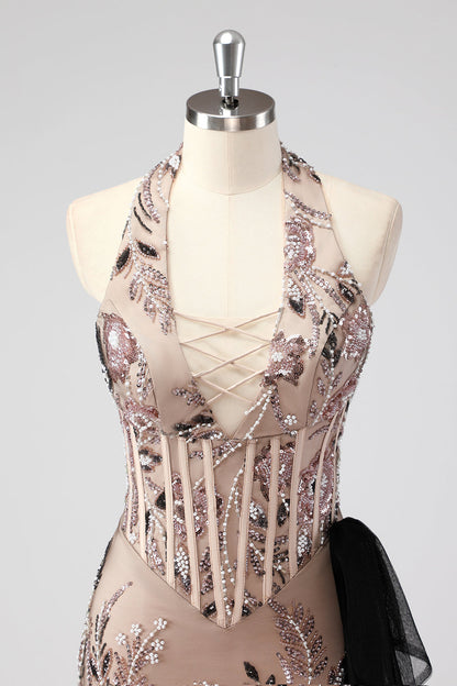 Glitter Halter Blush Corset Tight Appliques Short Cocktail Dress with Beading