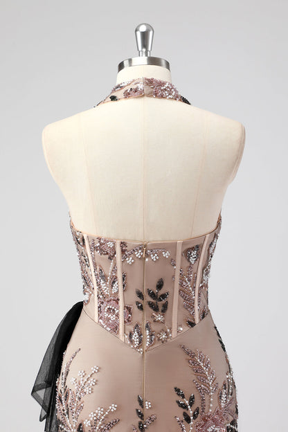 Glitter Halter Blush Corset Tight Appliques Short Cocktail Dress with Beading