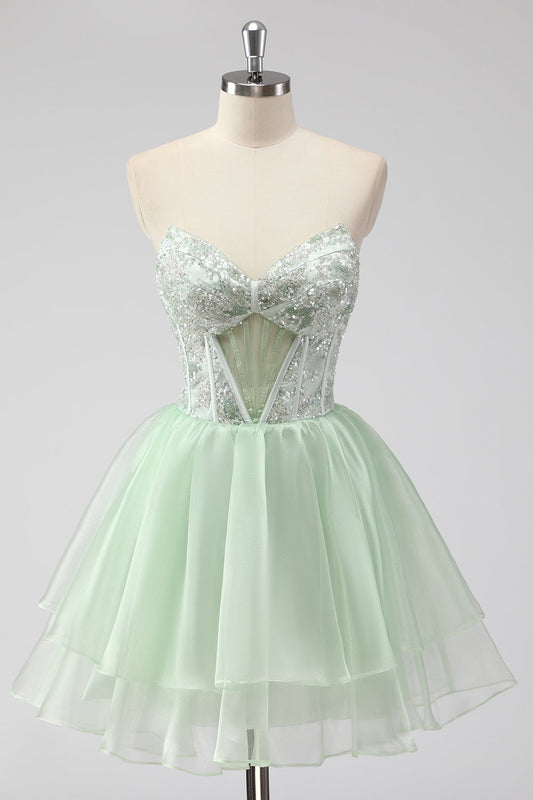 A Line Strapless Corset Light Green Short Homecoming Dress