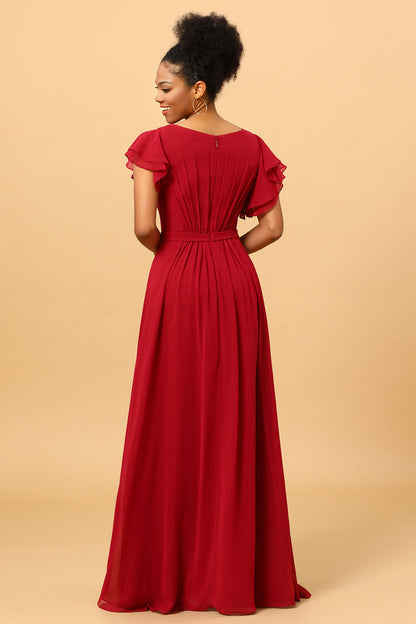 Chiffon Burgundy Bridesmaid Dress with Ruffles Sleeves