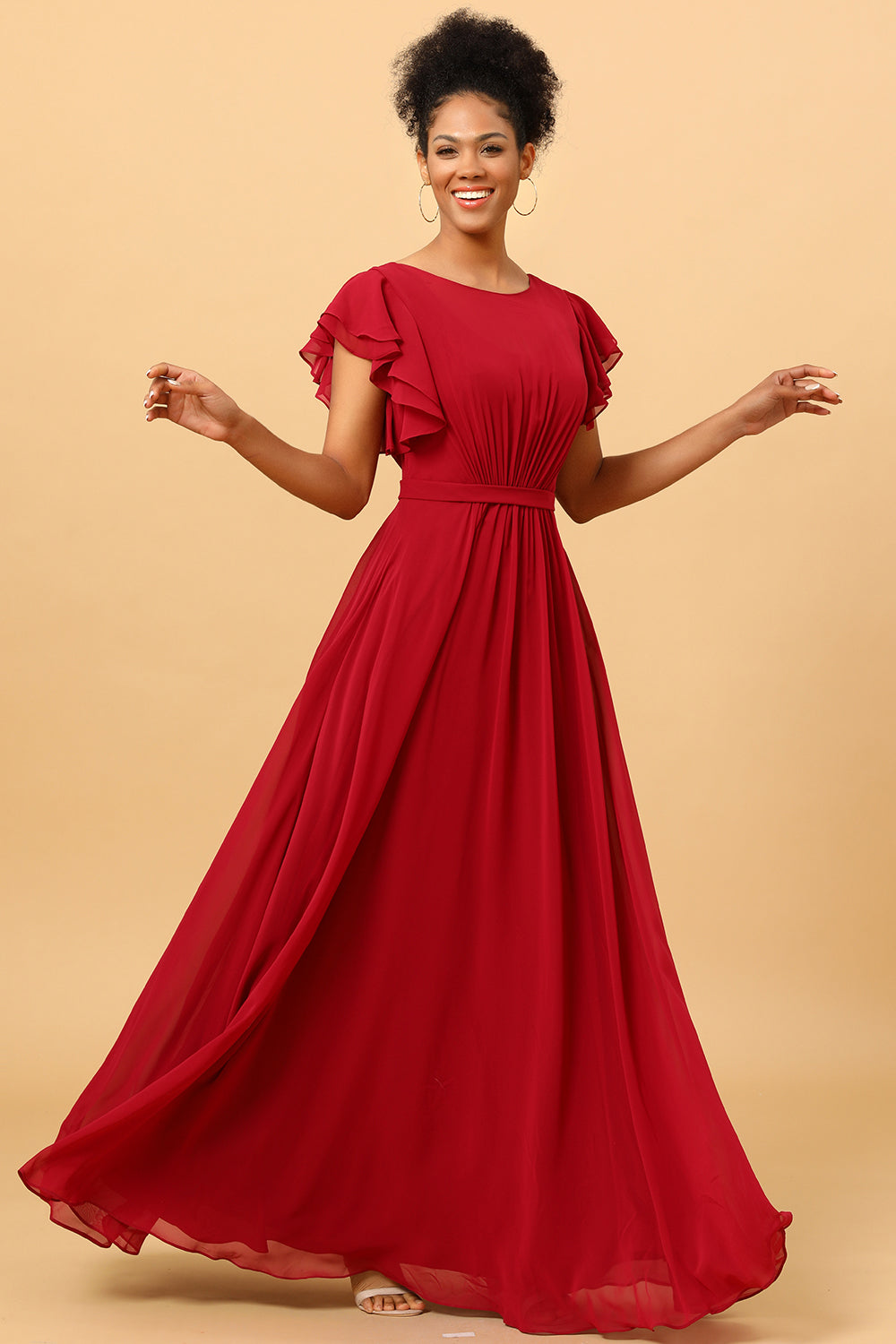 Chiffon Burgundy Bridesmaid Dress with Ruffles Sleeves