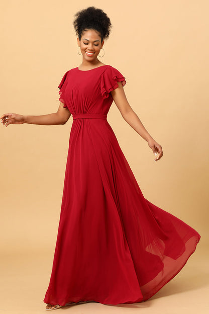 Chiffon Burgundy Bridesmaid Dress with Ruffles Sleeves