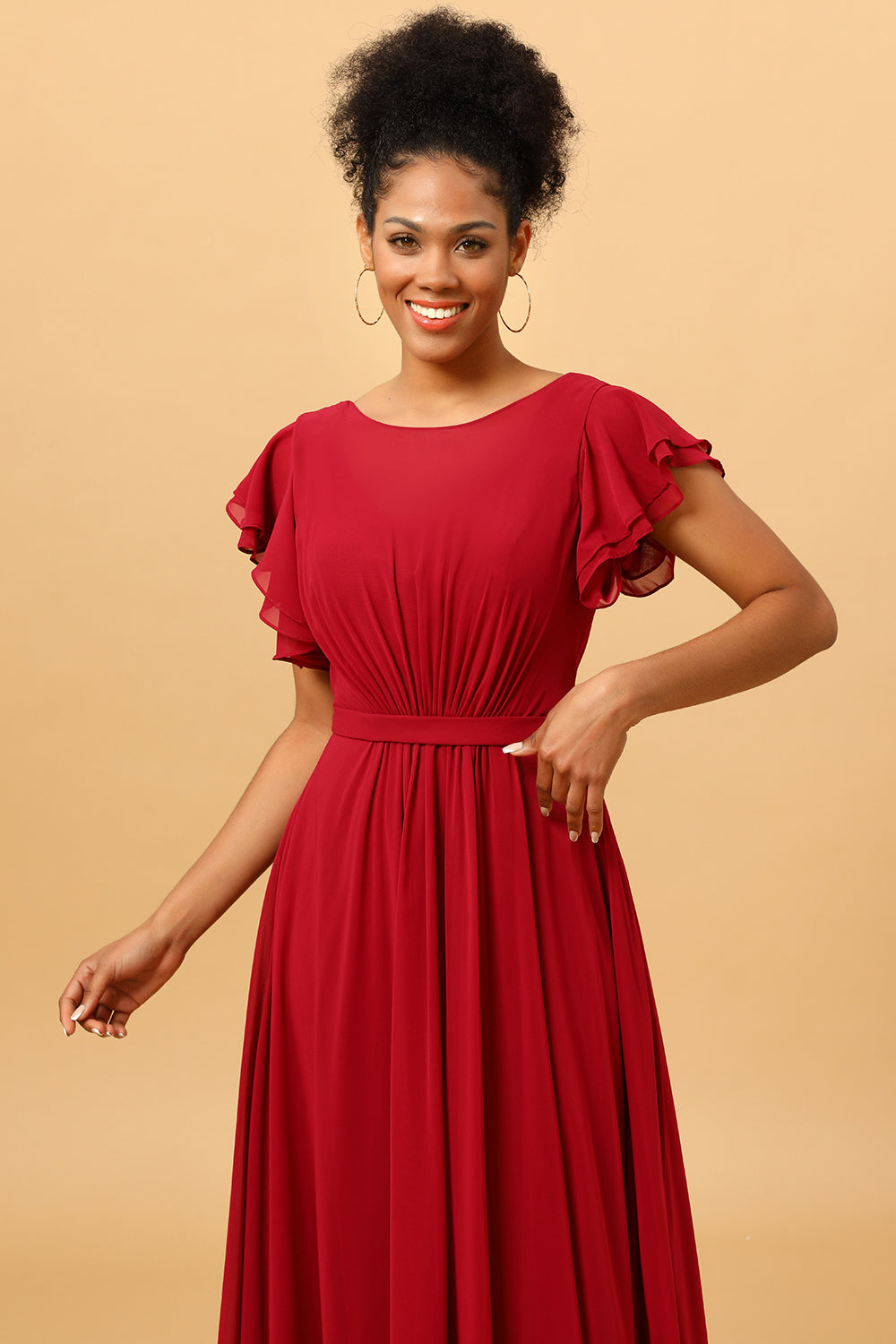 Chiffon Burgundy Bridesmaid Dress with Ruffles Sleeves