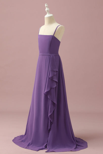 Purple Chiffon Spaghetti Straps Junior Bridesmaid Dress With Cascading Ruffles