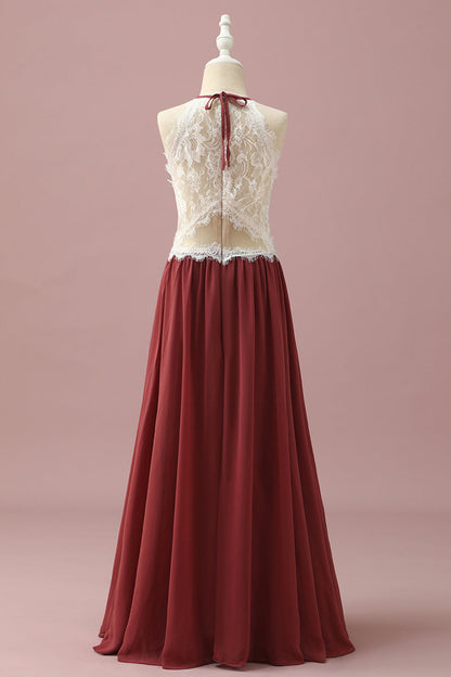 Burgundy Halter Lace and Chiffon Junior Bridesmaid Dress