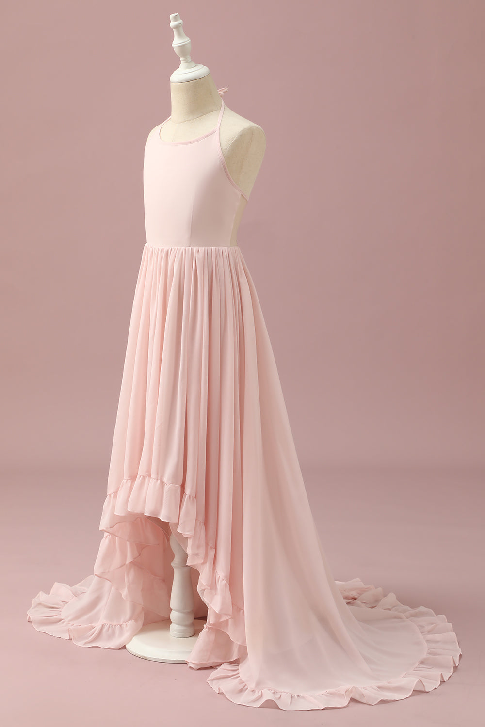 Light Pink Chiffon Halter High Low Junior Bridesmaid Dress