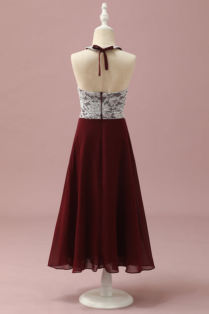 Burgundy Lace and Chiffon Halter Junior Bridesmaid Dress