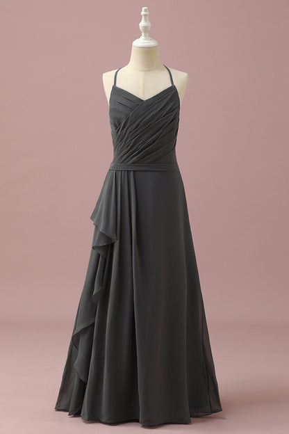 Black Halter Neck A-Line Junior Bridesmaid Dress With Cascading Ruffles