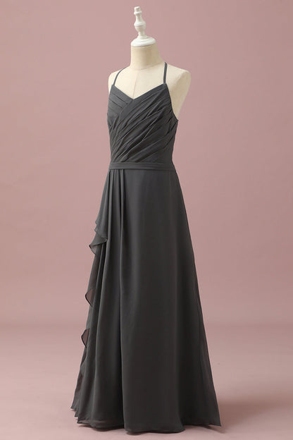 Black Halter Neck A-Line Junior Bridesmaid Dress With Cascading Ruffles