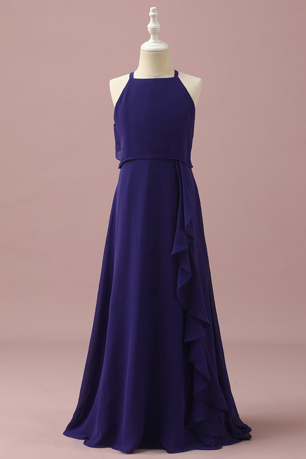 Purple Halter Chiffon Junior Bridesmaid Dress With Cascading Ruffles