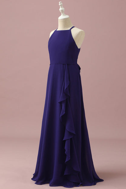 Purple Halter Chiffon Junior Bridesmaid Dress With Cascading Ruffles