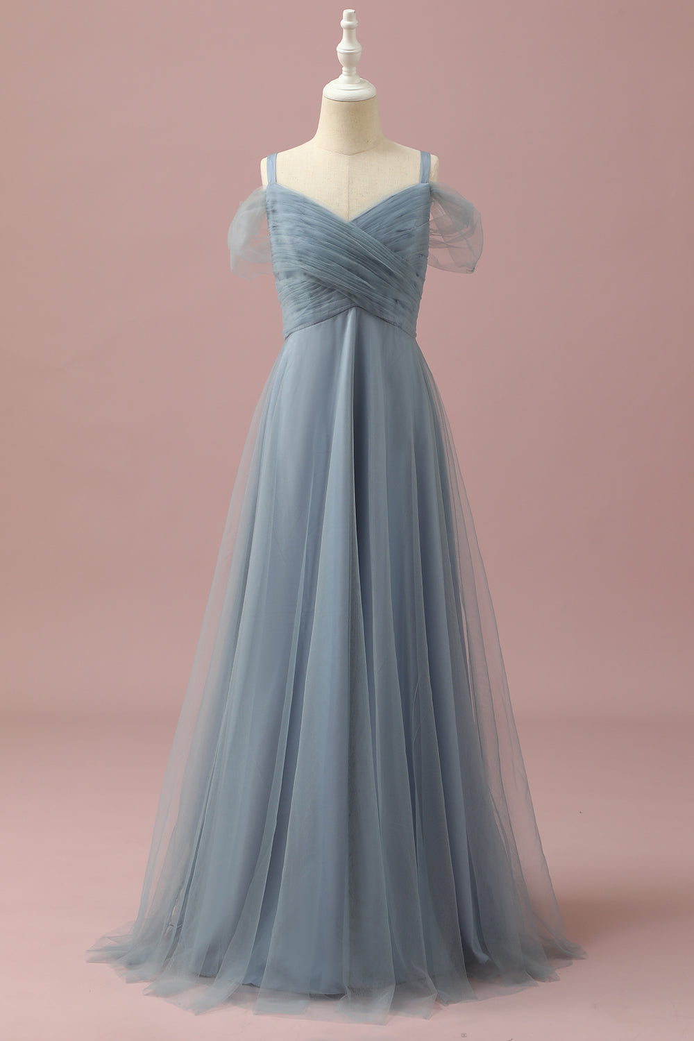 Grey Blue Cold Shoulder Tulle Junior Bridesmaid Dress