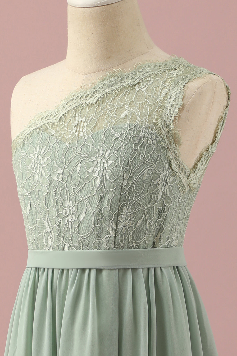 Green One Shoulder Lace and Chiffon Junior Bridesmaid Dress