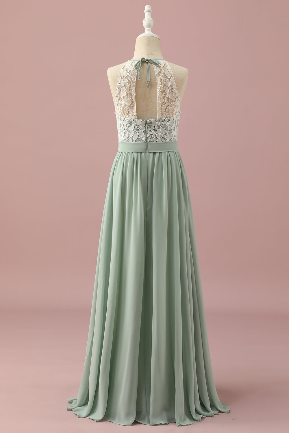 Green Lace and Chiffon Halter Junior Bridesmaid Dress