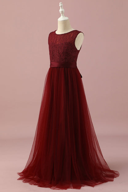 Burgundy Lace and Tulle Junior Bridesmaid Dress