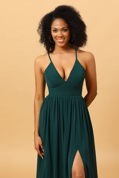 Chiffon Spaghetti Straps Green Bridesmaid Dress with Slit