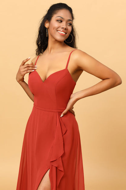 Spaghetti Straps Chiffon A-line Bridesmaid Dress with Slit