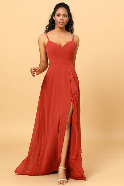 Spaghetti Straps Chiffon A-line Bridesmaid Dress with Slit