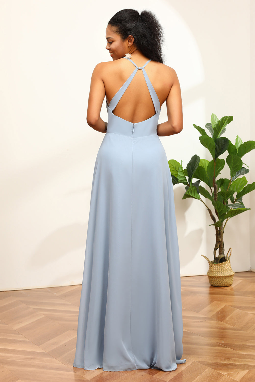 Dusty Blue Halter Blackless Bridesmaid Dress