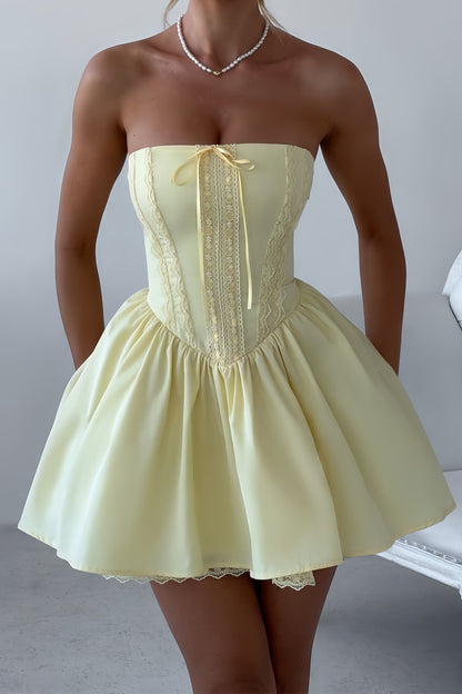 Pastel Yellow Strapless Homecoming Dresses Satin Lace Party Gown, LTP3372