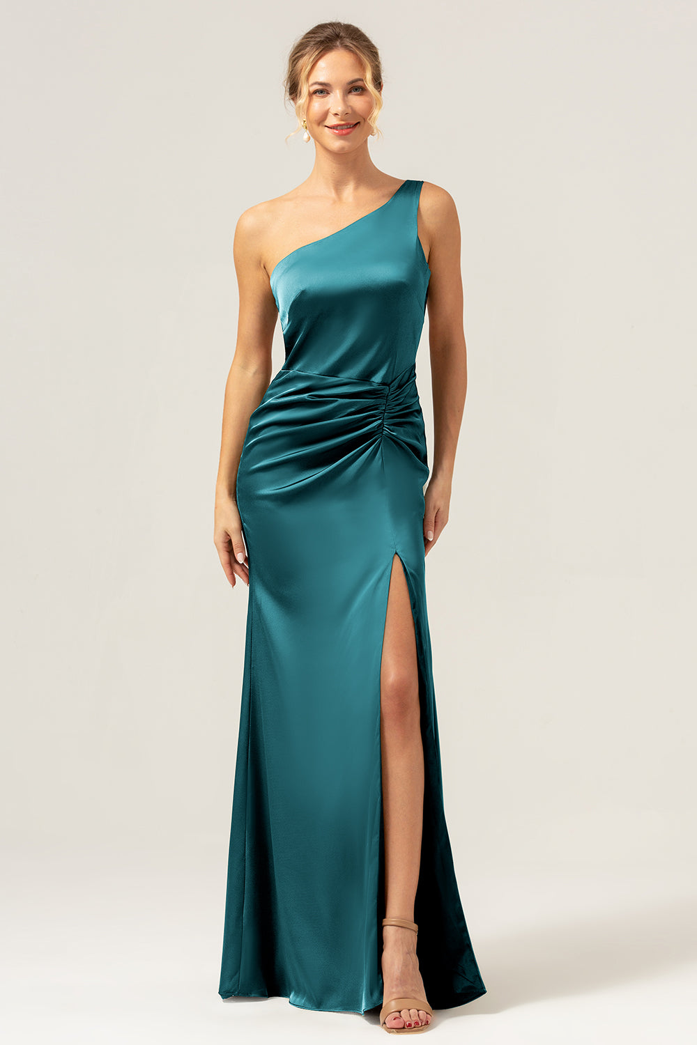 Olive Mermaid One Shoulder Backless Satin Long Bridesmaid Dress