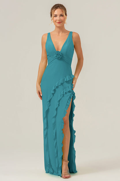 Lime Sheath Deep V Neck Backless Long Bridesmaid Dress with Ruffle Slit