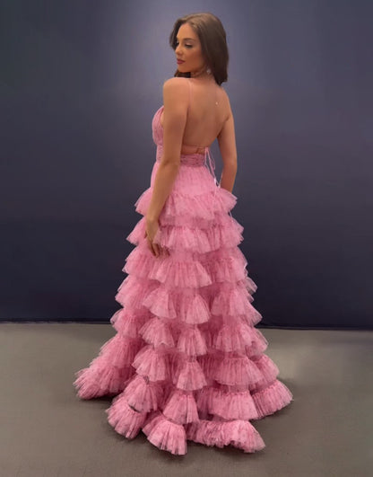 Ansley | Pink A Line Spaghetti Straps Open Back Tiered Long Prom Dress